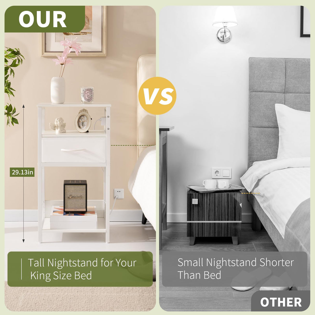 Yoobure Side Table - Night Stand with Charger Station & LED Light, 3 Tier Small End Table Living Room, Bedside Table with Drawer, Record Player Stand with Vinyl Storage, White Nightstand for Bedroom Yoobure