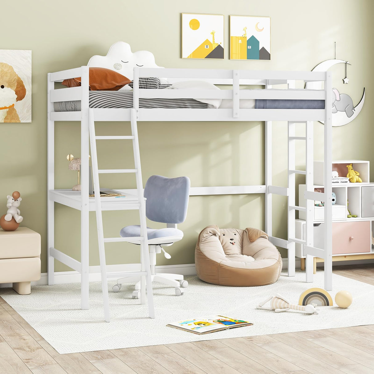 KOMFOTT Solid Wood Twin Loft Bed with Integrated Study Desk and Dual Ladders - Space-Saving Design for Teens and Adults (White) KOMFOTT