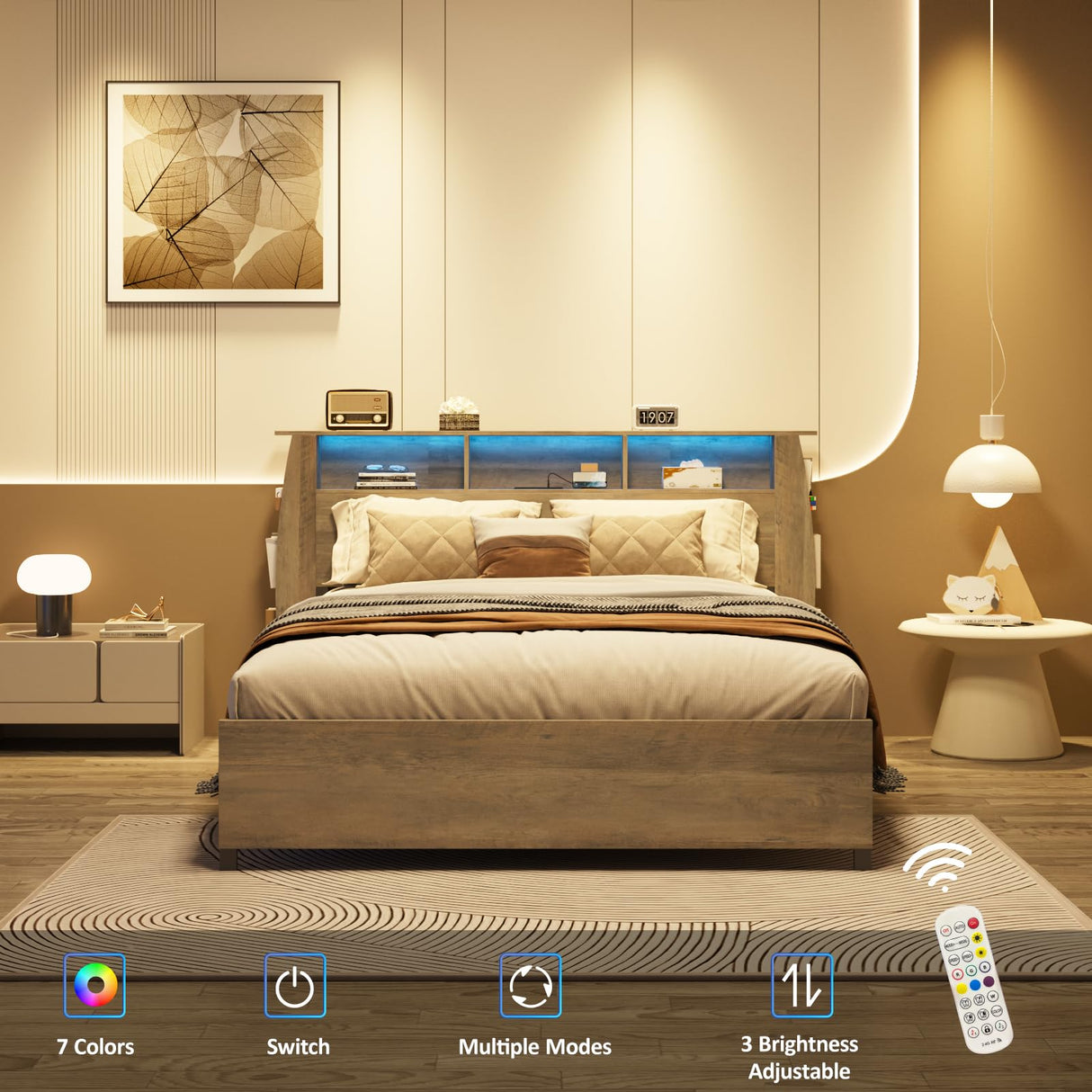 Fameill Queen Size Grey Wood Bed Frame with Smart Bookcase Headboard & LED Lighting Fameill