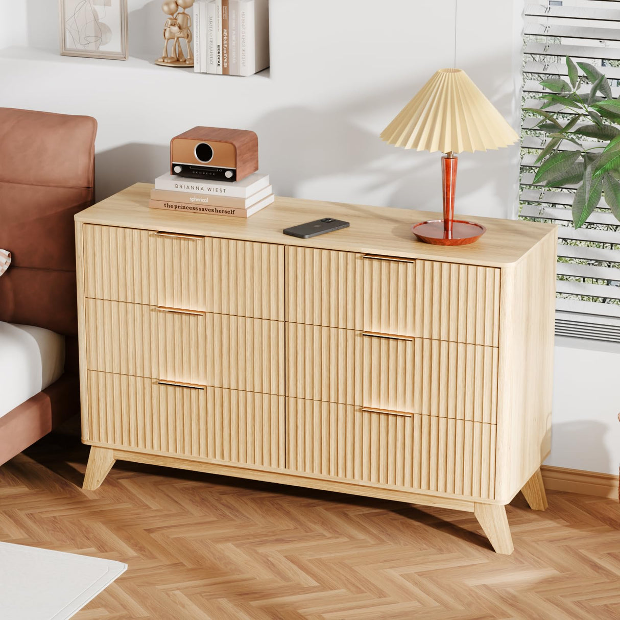 VINGLI Fluted Dresser 6 Drawer, Wood Dresser for Bedroom with Rounded Edges, Mid Century Modern Dressers 47" Long Chest of Drawers, Natural Wood Color, 46.8" W*15.6" D*31" H VINGLI