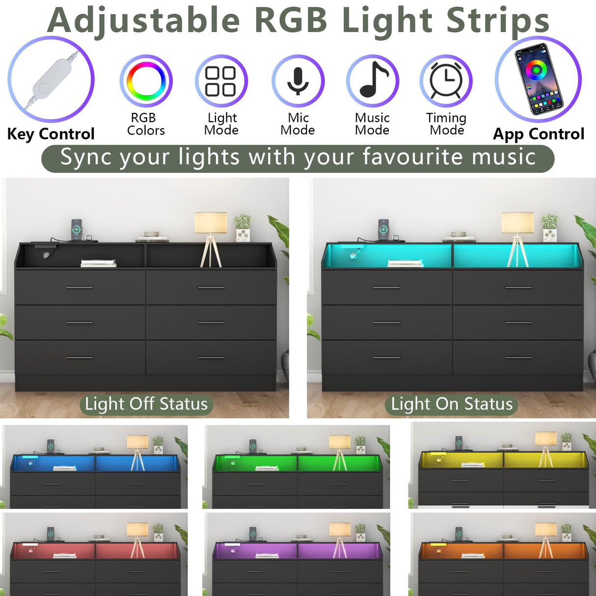 Gyfimoie 6 Drawer Dresser for Bedroom with Charging Station, Dresser with LED Light, Chest of Drawers for Closet, Modern Dresser with Open Storage Cubby, Double Wide Dresser (Black-, 6 Drawers) Gyfimoie