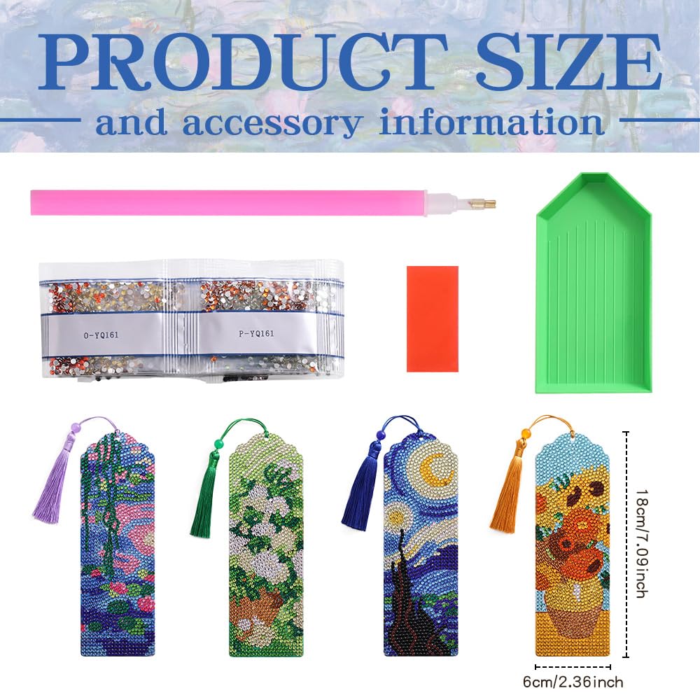 icceemee 4 pcs Oil Painting Themes Diamond Painting Bookmarks, DIY Diamond Art Kits for Adults, Book Corner - Protecting Bookmark Craft Supplies Kits for Book Lovers (Oil Painting) icceemee