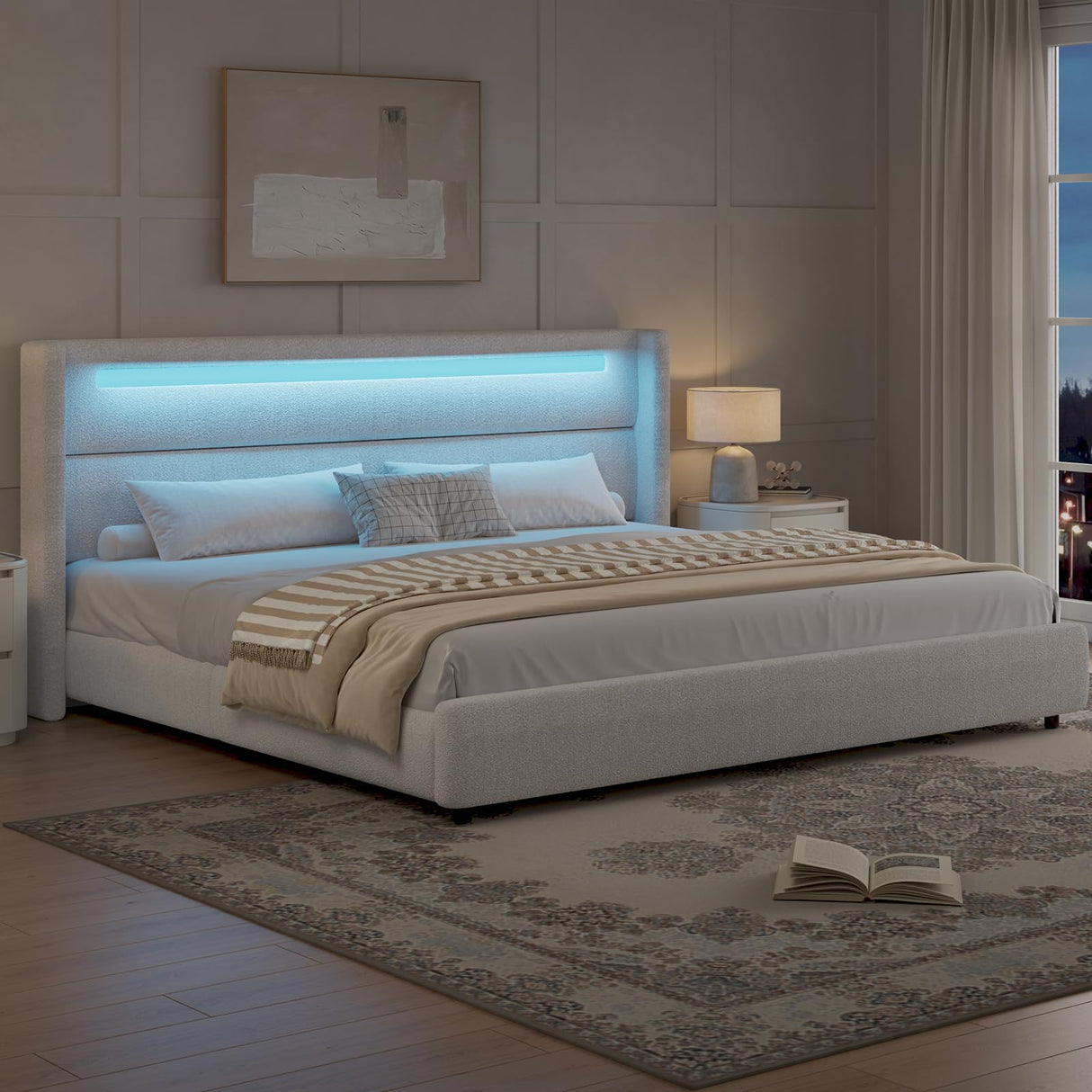 HOMBCK King Size Bed Frame with LED Lights and Headboard, Boucle Upholstered Platform Bed with Wingback Design, Modern Soft Bed Frame, No Box Spring Needed, Easy Assembly, Beige HOMBCK