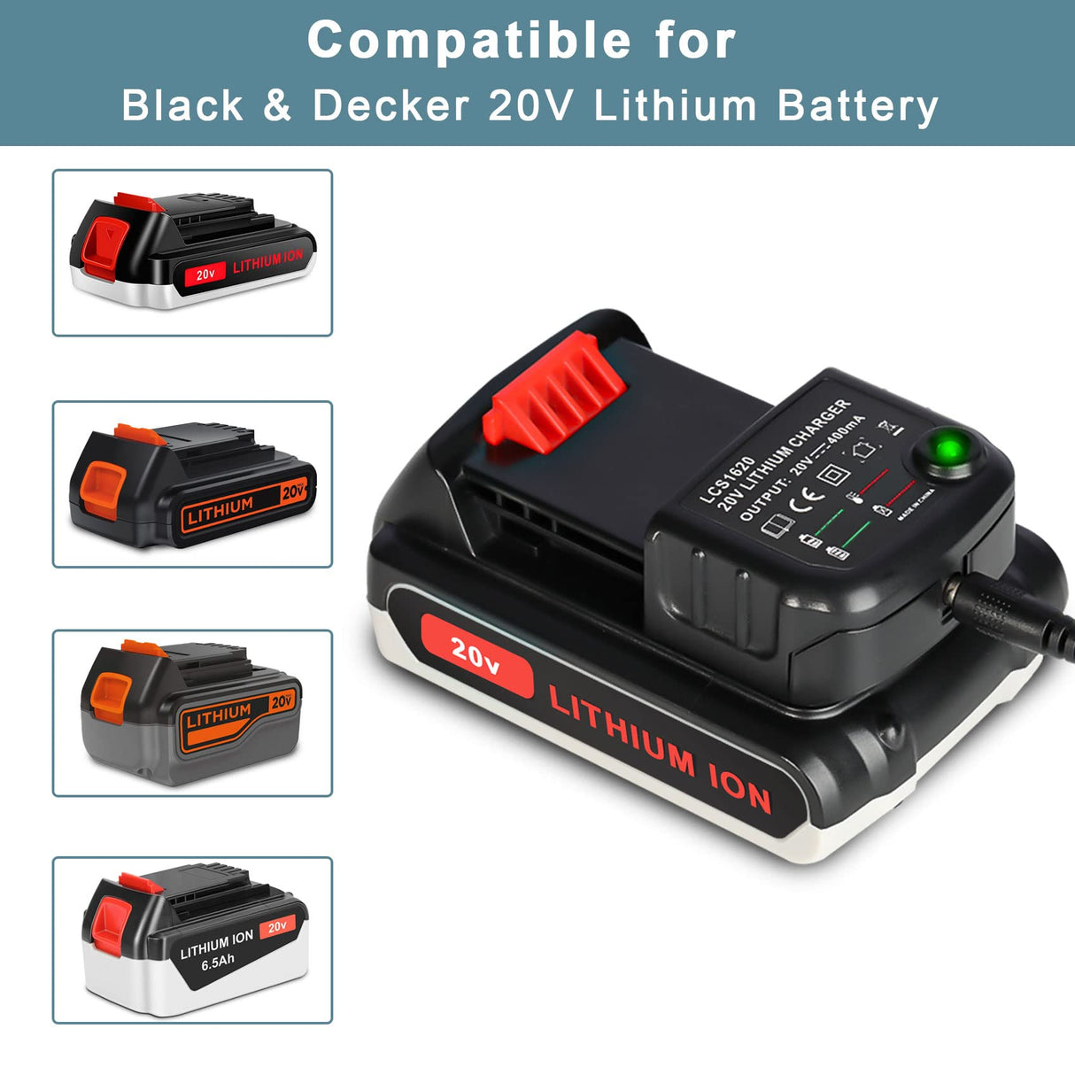 KUNLUN LCS1620 20V Lithium Battery Charger - Compatible for Black & Decker 16V 20V Lithium Battery LBXR20 LBXR20B LBXR20-OPE LB20 LBX20 LBX4020 LB2X4020 LBXR2020-OPE BL1514 LBXR16 LST220 KUNLUN