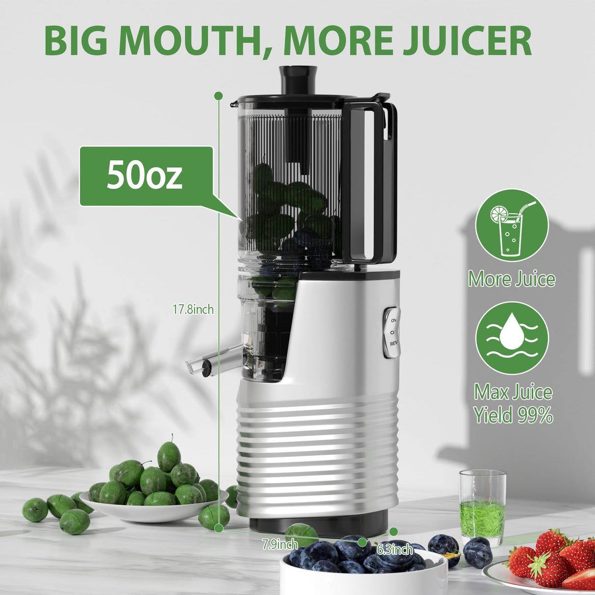 Cold Press Juicer Machines, Floisdace 5.4" Self-Feeding Masticating Juicer Fit Whole Fruits & Vegetables, 350W Professional Slow Juices Extractor Easy to Clean, BPA Exclude-Black Floisdace