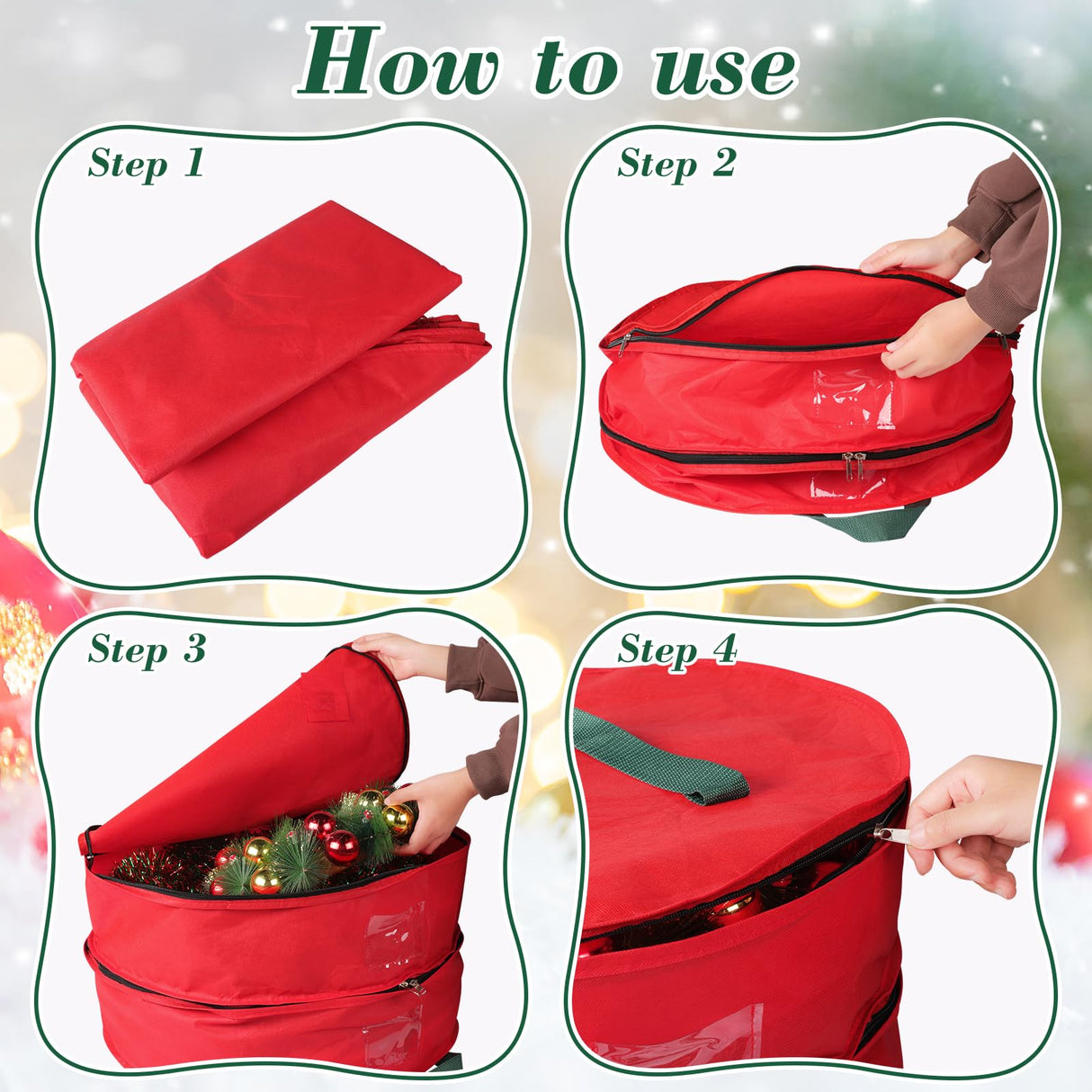 BlessedSeason Wreath Storage Container,Christmas Wreath Storage Bags for 2 Wreath with Dual Zipper and Handles, Dust, Pest Protection,Holiday Wreaths Storage Holder 24” (RED) BlessedSeason