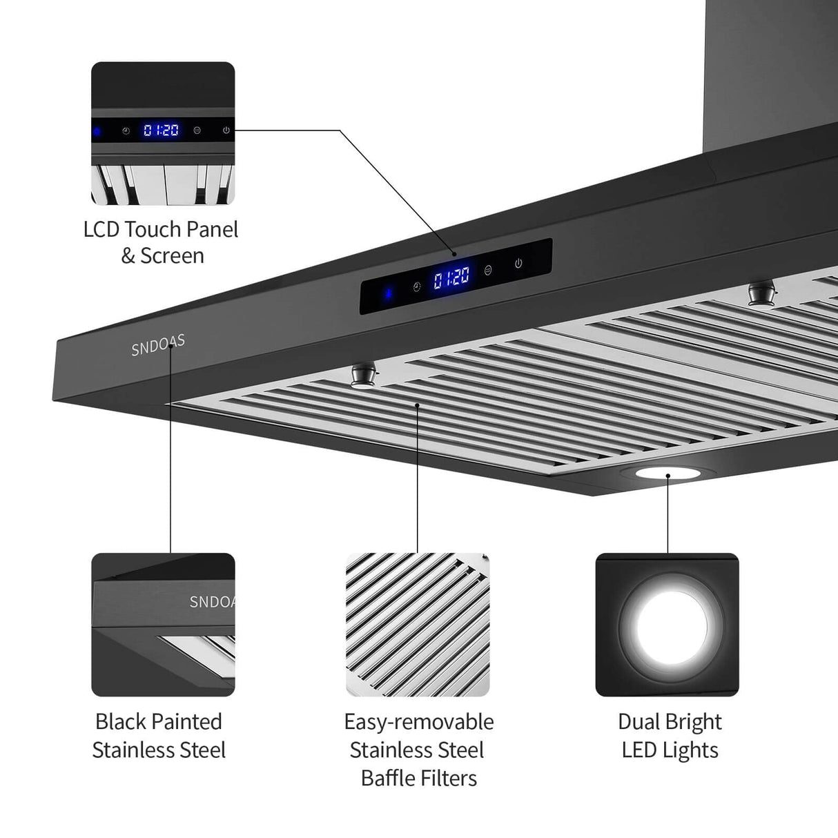 SNDOAS Range Hood Black,Wall Mounted Range Hood 30 inches,Black Kitchen Hoods with Touch Controls,Stainless Steel Range Hood in Black Painted,Black Range Hood 30 inches,Hood Vents for Kitchen SNDOAS