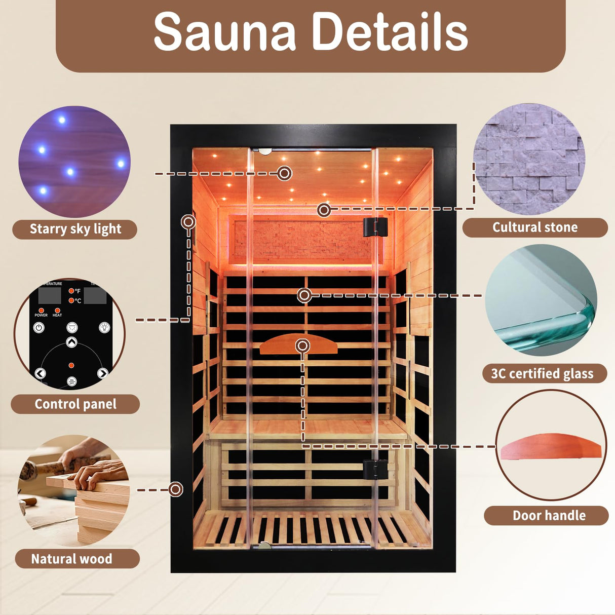 Far Infrared Home Sauna for 2 Person, 2000W 110V Indoor Sauna, Wooden Dry Spa Room with Red Light Therapy, Control Panel, Bluetooth Speaker InfraHHZQ