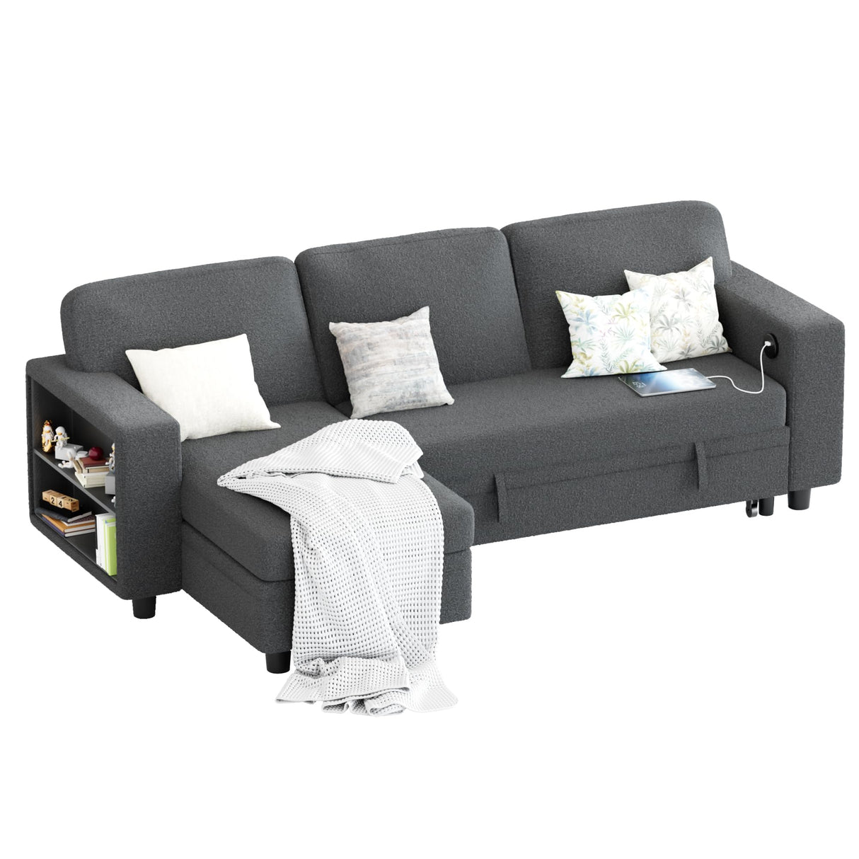 Furmax 80″ Sleeper Sofa Couch with Pull Out Bed L Shaped Sleeper Sofa with Storage Chaise, USB Charging Ports & 2 Built-in Bookshelves 3-Seat Sectional couches for Living Room (Fabric, Grey) Furmax
