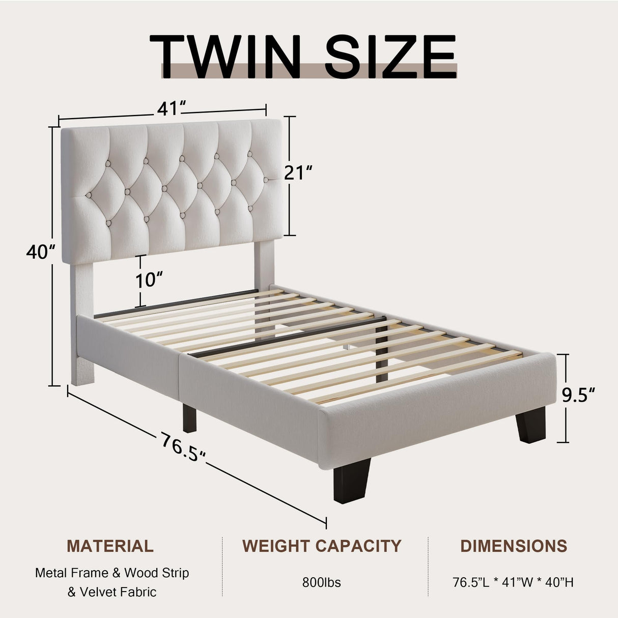 Einhomn Twin Upholstered Bed Frame with Headboard, Button Tufted Linen Bed Base, Platform Bed with Wood Slat, Heavy Duty, Easy Assembly, No Box Spring Needed, White Einhomn