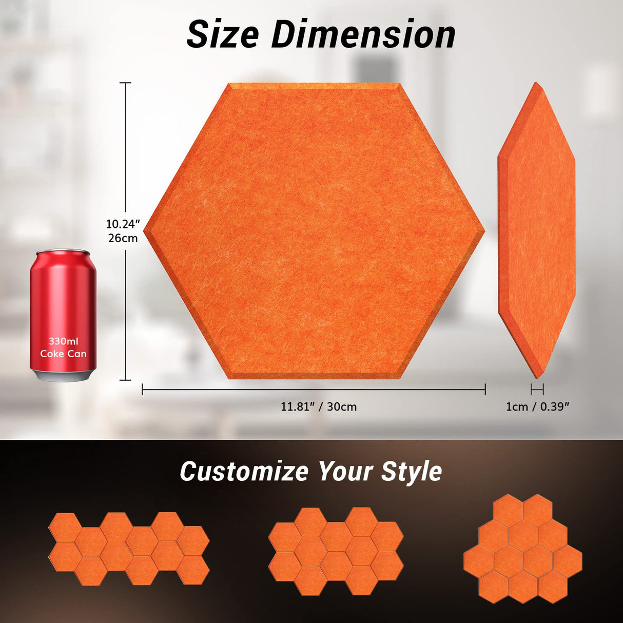 Self-adhesive Hexagon Acoustic Panels 12 Pack, TONOR 12"x 10"x 0.4" High Density Sound Proof Panels Tiles for Walls, Absorbing Noise and Eliminating Echoes Acoustic Foam for Home Studio Orange TONOR