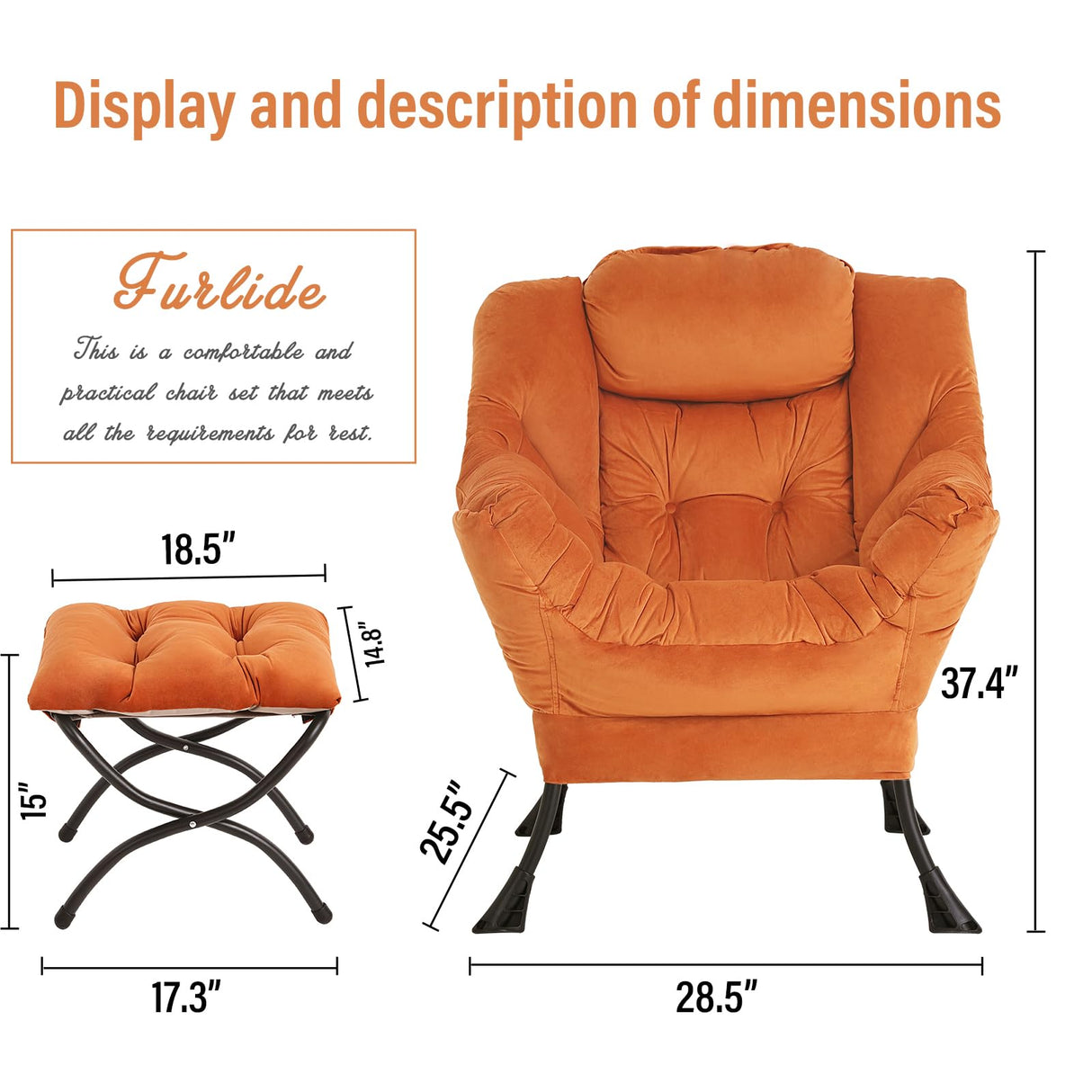 Furlide Lazy Chair with Ottoman, Modern Chair with Folding Footrest, Lounge Accent Chair, Comfortable Reading Chair, Oversized Armchairs for Bedroom, Study, Living Room, Courtyard (Velvet Orange) Furlide