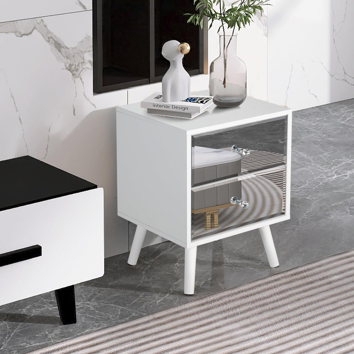 STHOUYN White Nightstand Set of 2, Mirrored Bedside Table Set of 2, Modern Bedroom Night Stands with 2 Drawer, Bed Side Table/Night Stand, End Tables Decorative Table Living Room (White) STHOUYN