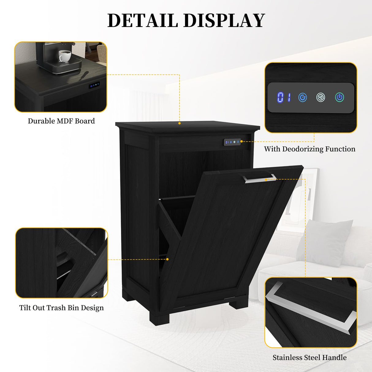 Ymise Tilt Out Trash Can Cabinet, 10 Gallons Trash Cabinet with Deodorising Function, Wooden Freestanding Garbage Can Cabinet for Home and Kitchen Hidden Laundry Hamper Cabinet, Black Ymise