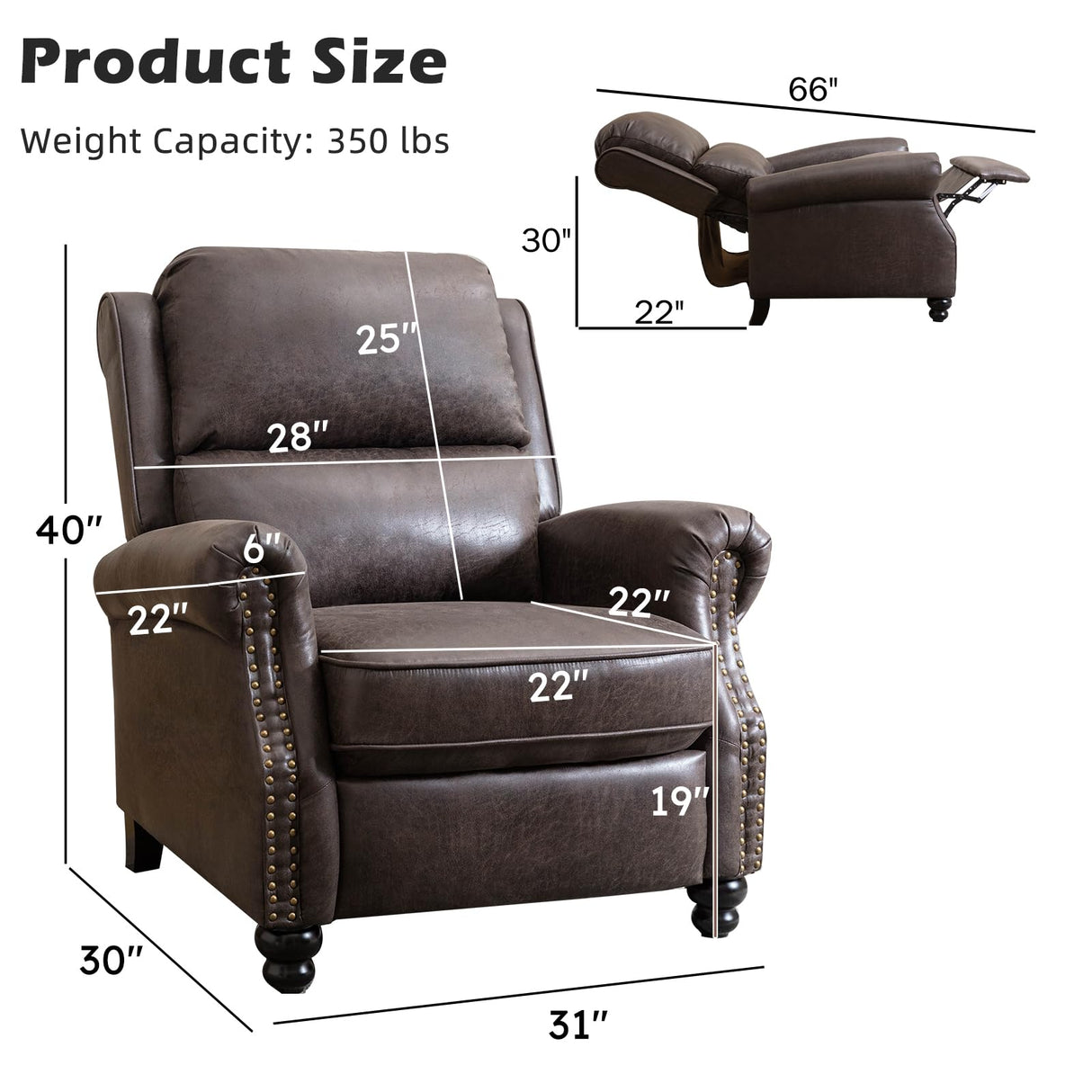 IOMOR Push Back Recliner Chair Faux Leather Lounge Armchair with Rivet Decoration Wingback Single Sofa Chair with Padded Seat Solid Wood Legs for Living Room, Comfy Upholstered, Dark Grey IOMOR