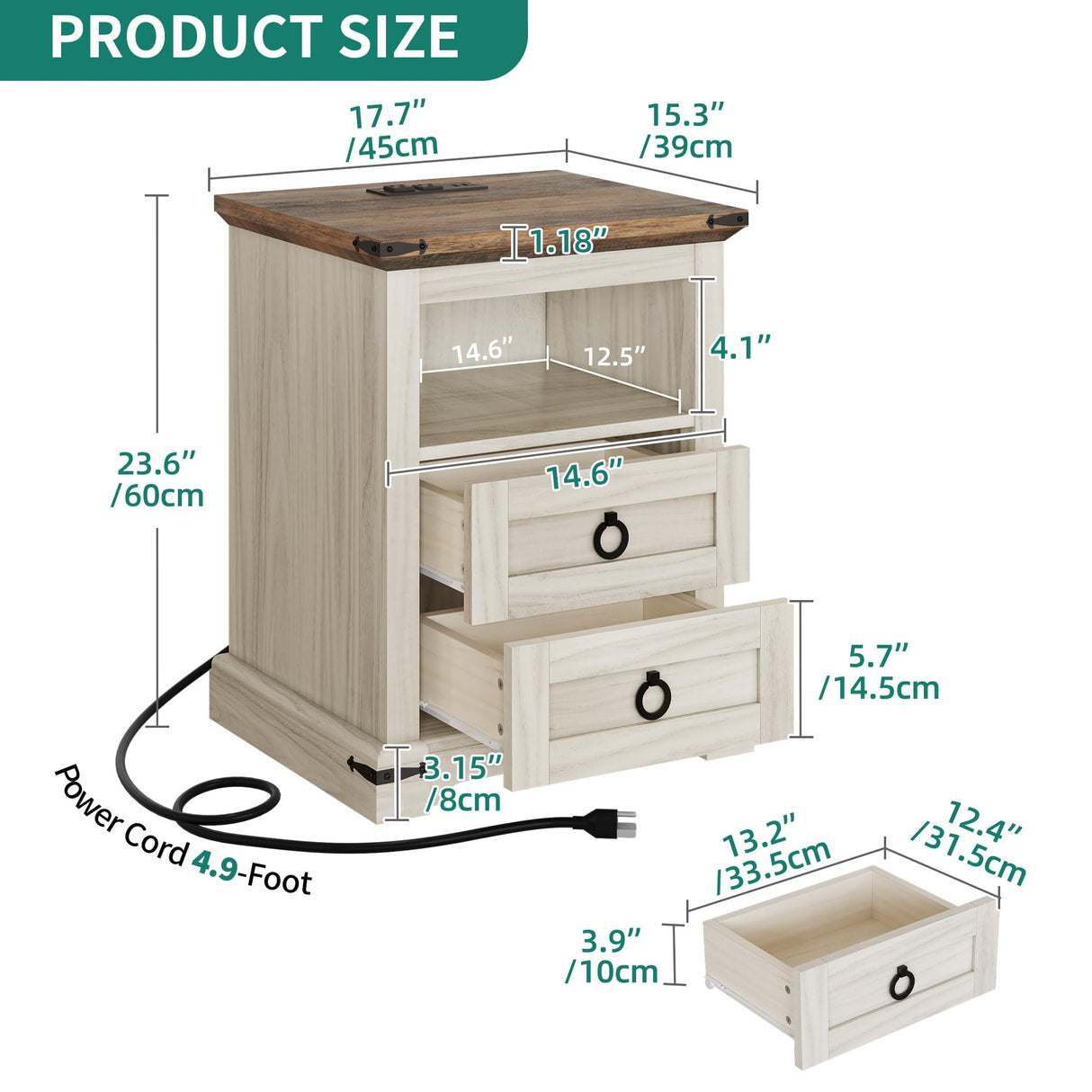 YITAHOME Farmhouse Nightstand with Charging Station, 2 Drawers Night Stand for Bedroom, LED End Table Side Table w/Open Shelf, Set of 2, Off White+Walnut Grain YITAHOME