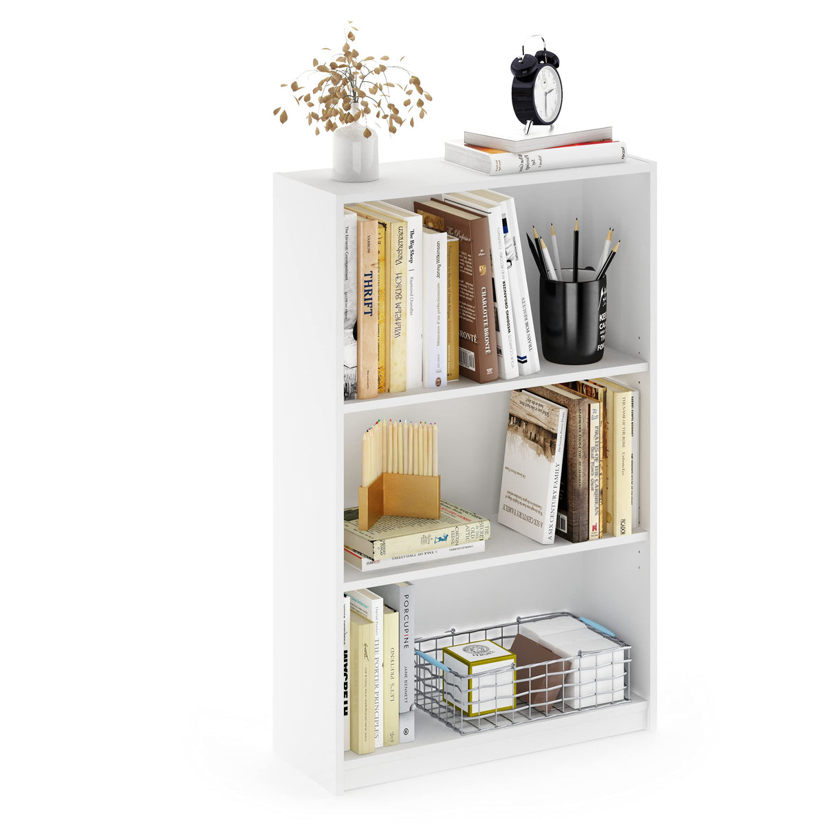 Furinno JAYA Book Shelf, 3-Tier Bookshelf, Bookcase with Adjustable Shelves, 9.5" x 24.5" x 40.3", for Living Room, Bedroom, Home Office, White Furinno