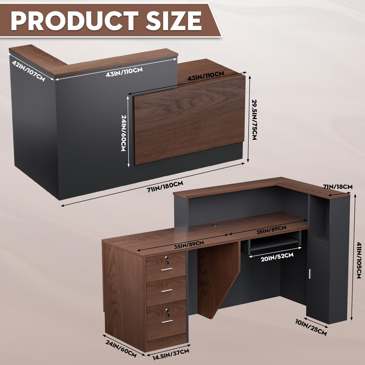 L-Shaped Large Wooden Reception Desk, Modern Front Desk Reception Counter with Lockable Drawers & Storage & Keyboard Tray, for Checkout, Lobby (Left-Walnut/Black, 71''L x 42''W x 41''H) Yorkgargen