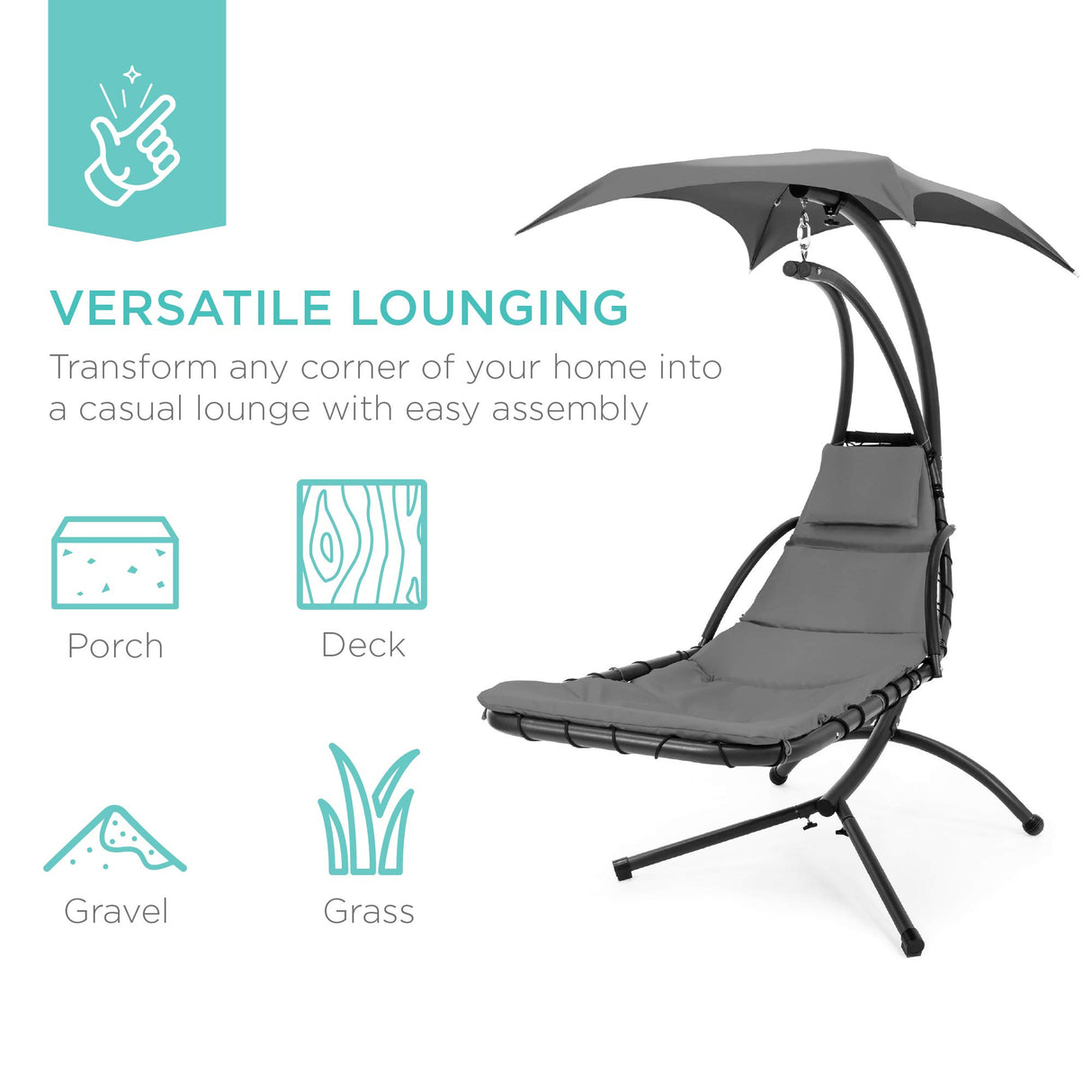 Best Choice Products Outdoor Hanging Curved Steel Chaise Lounge Chair Swing w/Built-in Pillow and Removable Canopy - Charcoal Gray Best Choice Products