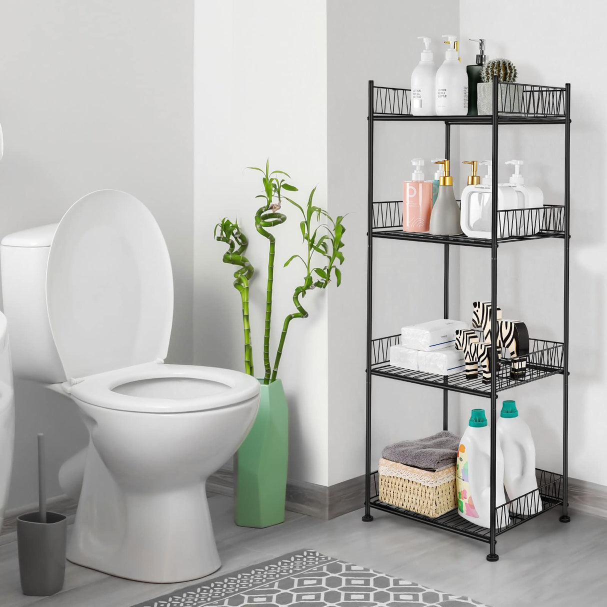 OYEAL Bathroom Shelves Freestanding Bathroom Towel Storage 4 Tier Wire Shelving Unit with Guard Bathroom Shelf Organizer Standing for Pantry Kitchen Laundry Room Organization, Black OYEAL