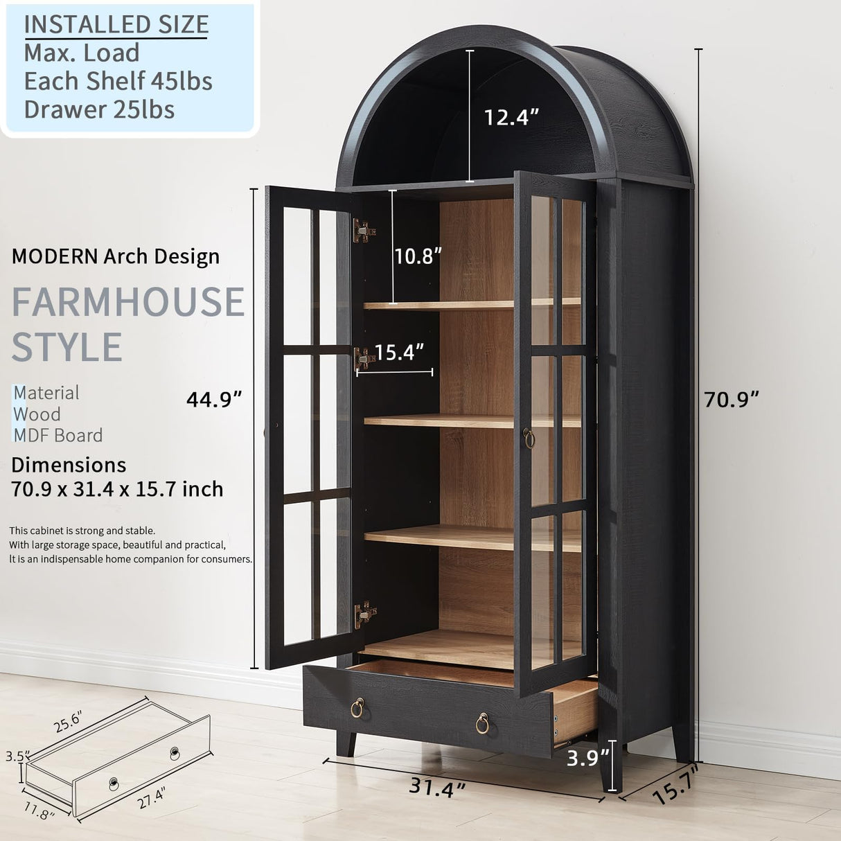 RowyPoey Farmhouse Arched Cabinet with Glass Doors, Wood Display Cabinet with Drawer and Adjustable Shelves, 71” Tall Bookshelf Modern China Storage Kitchen Pantry for Living Room,Office (Black) RowyPoey