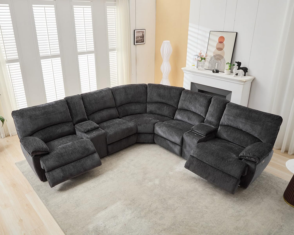 Oversized Power Reclining Sectional Sofa with Wireless Charging, Modern Electric Recliner 5 Seater Sofa, Family-Sized Sectional Corner Couch with USB Charging, Thickened Padding, Sturdy Frame, Grey TODRANI