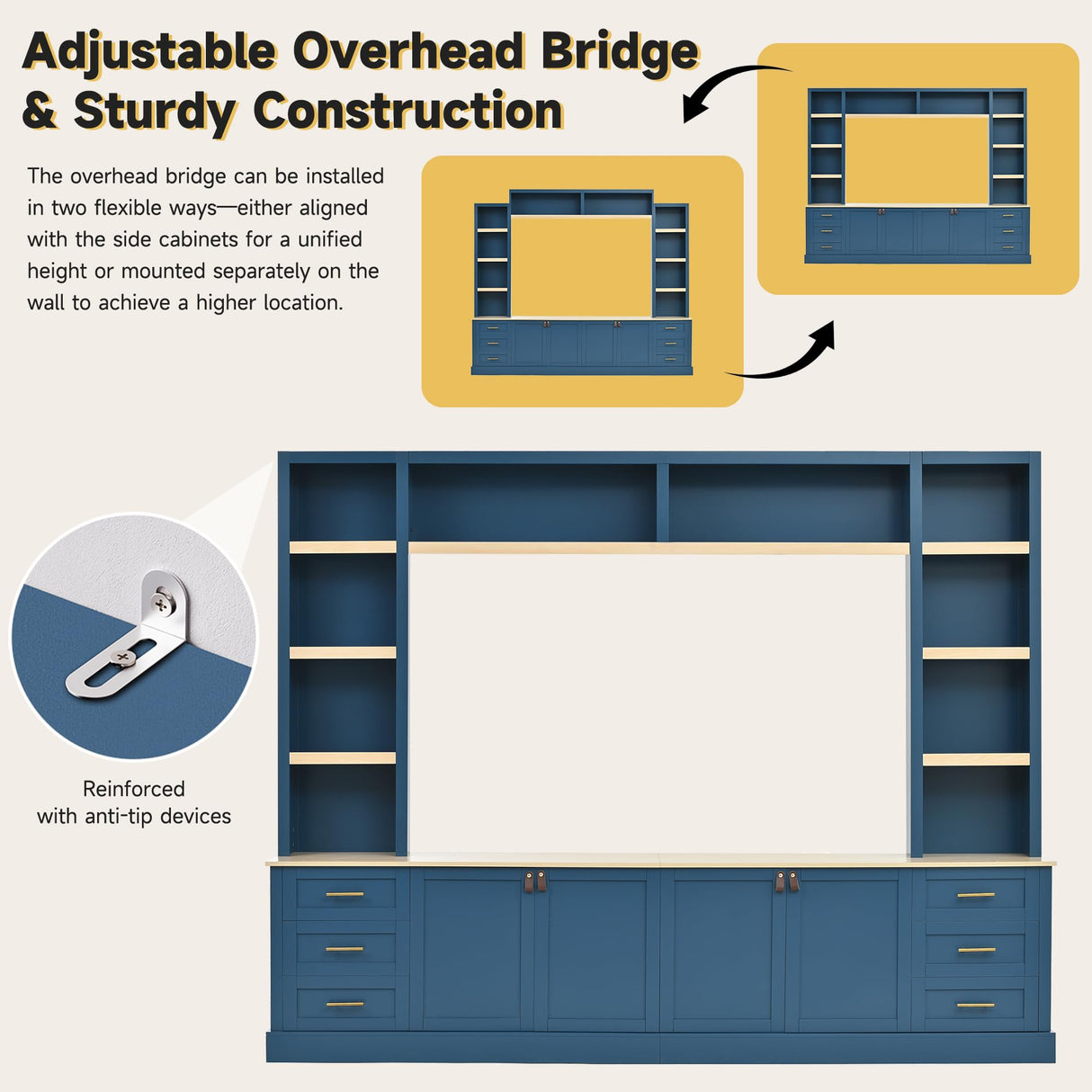 Polibi 102.3" Farmhouse TV Stand with Bookshelves & 6 Drawers, Rustic Media Console for TVs Up to 75", 4-Piece Entertainment Center Wall Unit with Adjustable Shelves & Cable Management,Navy Blue Polibi
