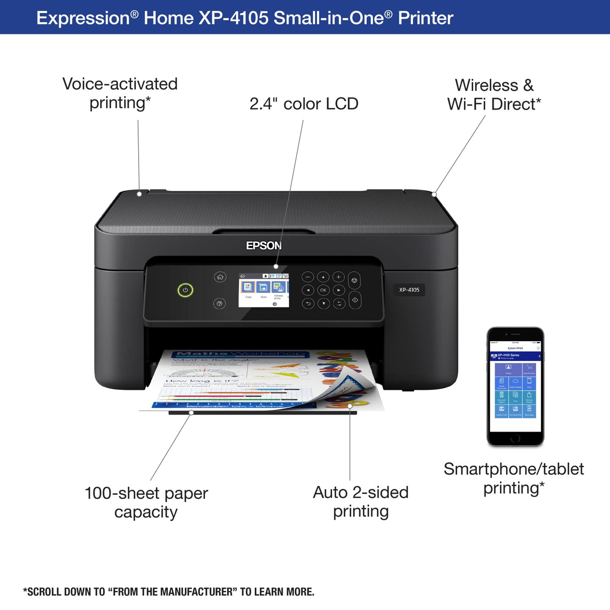 Epson Expression Home XP-4105 All-in-One Wireless Color Inkjet Printer, Black - Print Copy Scan - 2.4" Color LCD, 10.0 ppm, 5760 x 1440 dpi, Auto 2-Sided Printing, Voice Activated Epson