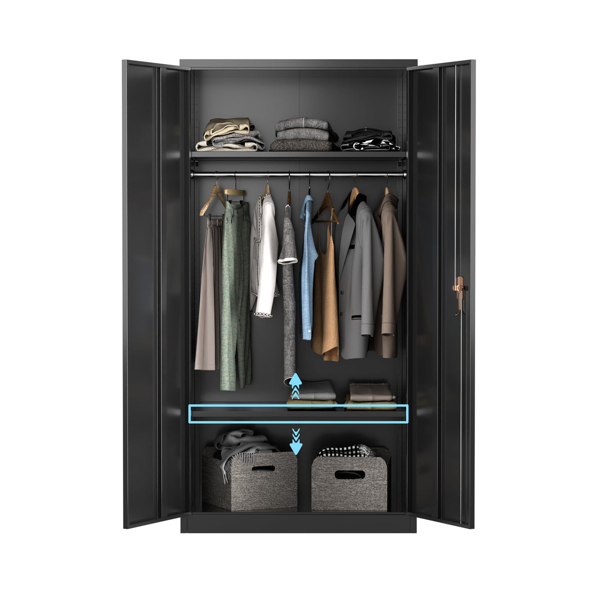 Aobabo Large Metal Wardrobe Style Storage Cabinet with Adjustable Shelf, Cloth Rail, and Lockable Doors for Home Organization, Black Aobabo