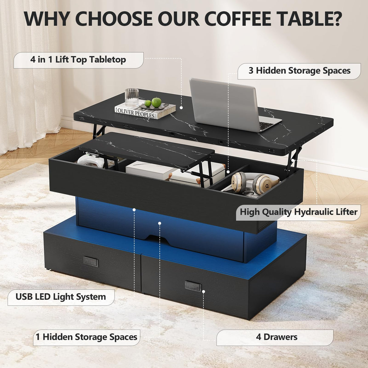 Turosur 40" Lift Top Coffee Table, LED Coffee Tables with Storage and 4 Drawers, Coffee Table with Lifting top for Living Room Home Office Turosur