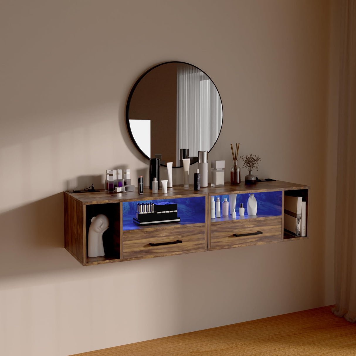 Homaterial Floating Nightstand with Charging Station and LED Lights, Floating Bedside Table with Drawers Wall Mounted Nightstands,for Bedroom Room, 21.3" x 11.8" x 10",Rustic Brown Homaterial