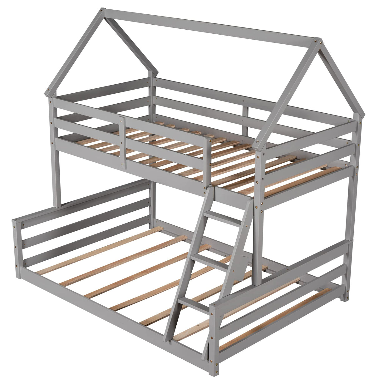 Merax House Floor Bunk Bed with Ladder Twin Over Full,Wood Low Bunk Bed for Kids Juniors, Space-Saving,No Box Spring Needed Gray Merax