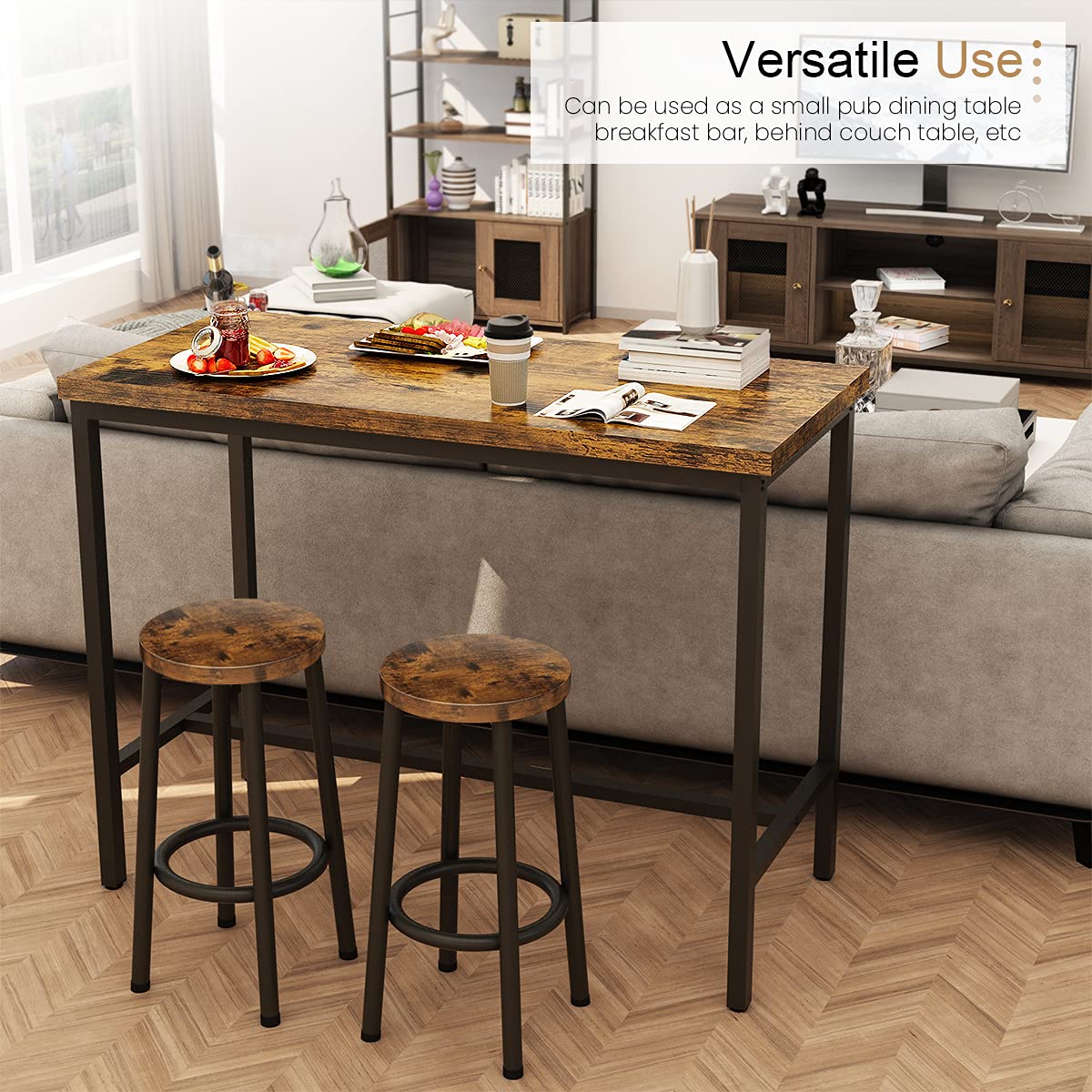 Recaceik 3 Piece Rustic Brown Pub Dining Set with Bar Table and Stools for Small Spaces Recaceik