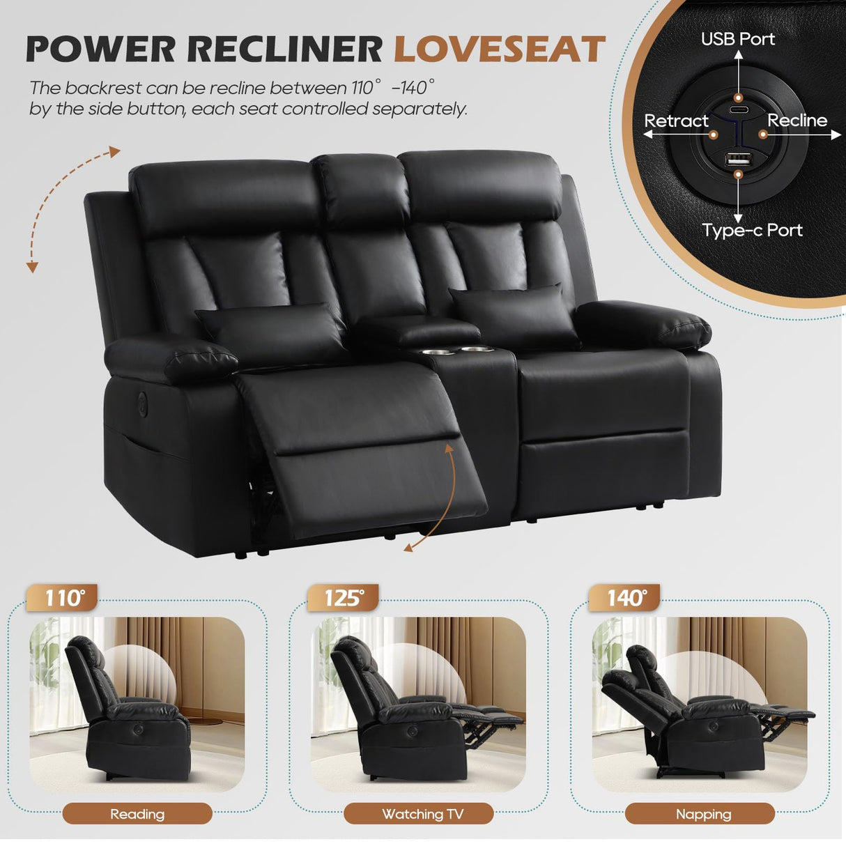 Consofa Power Reclining Loveseat with Console, Power Loveseat Recliner Sofa with Lumbar Pillow, USB,Type-c Ports, Wall Hugger Recliner Sofa with Cup Holders for Living Room(Black, Loveseat) Consofa