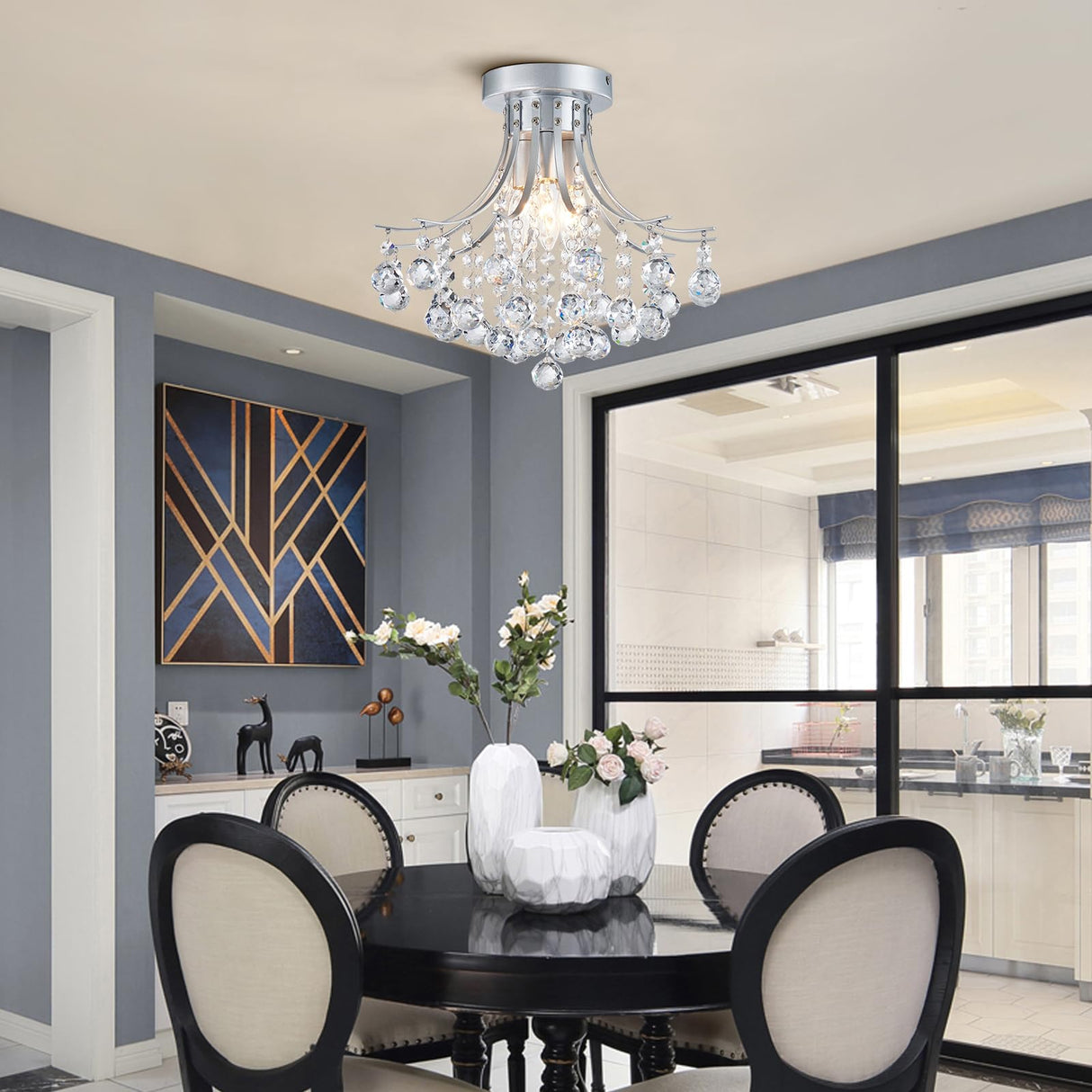Bestier Modern Silver Crystal Semi-Flush Mount Chandelier Lighting Ceiling Light Fixture Lamp for Diningroom Bathroom Bedroom Livingroom 3 E12 Bulbs Required D13.5 inch X H11.6 inch Bestier