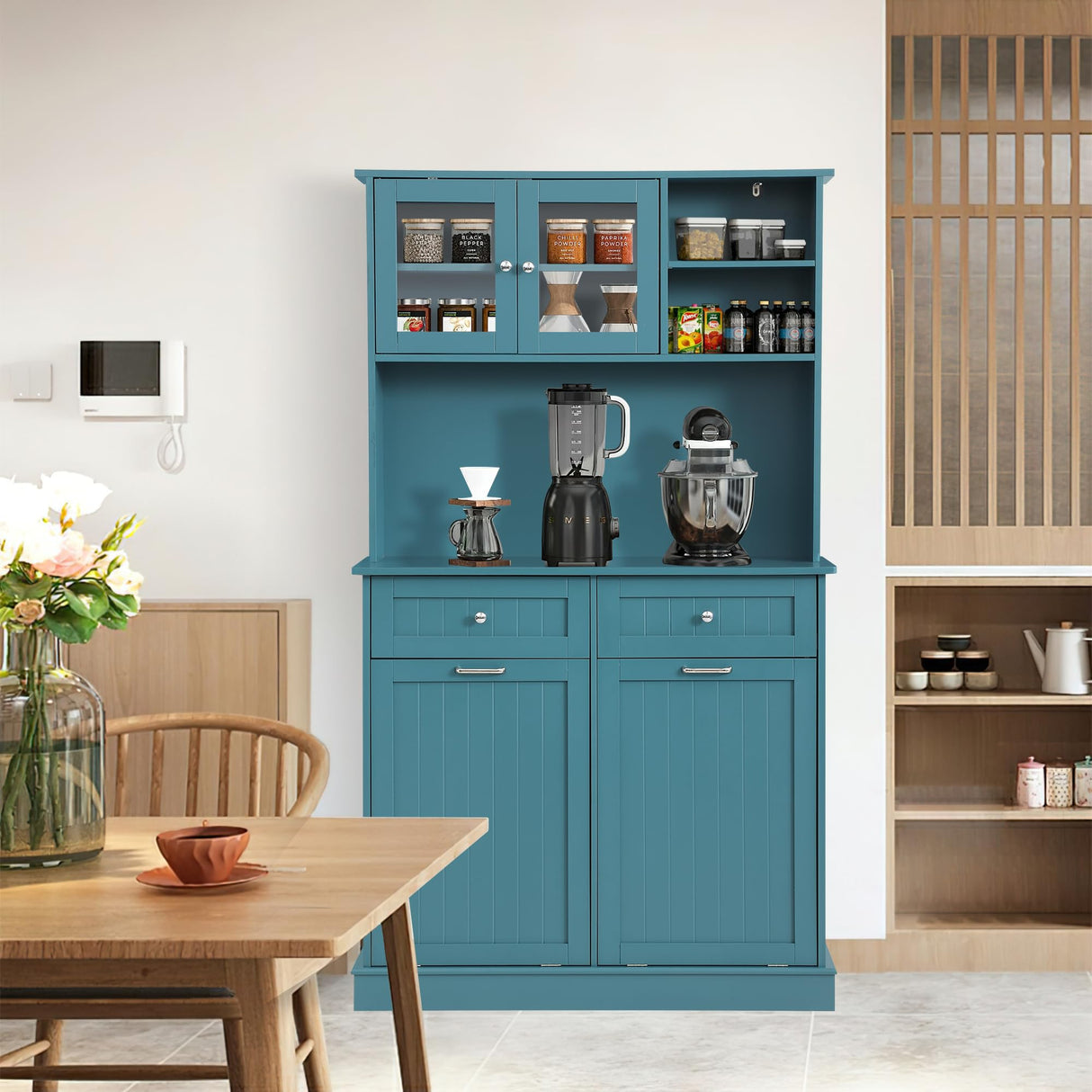 YOCONYO Double Tilt Out Trash Cabinet Storage Cabinet 20 Gallon with Two Solid Wood Hideaway Trash Holder Drawers, Dual Wooden Free Standing YOCONYO