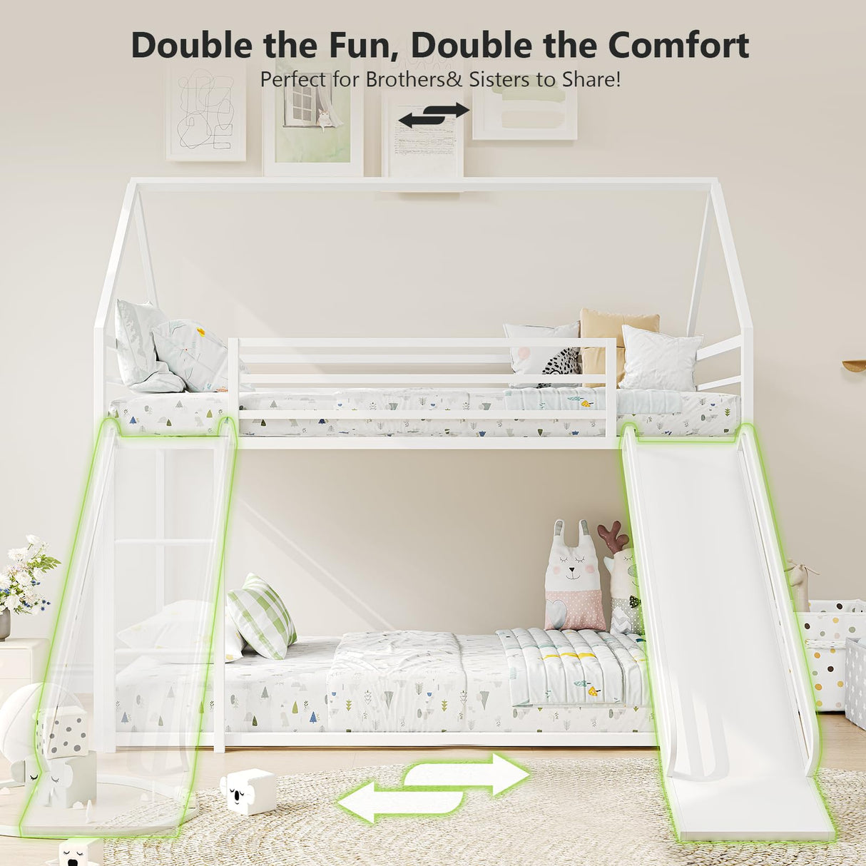 Tufons Metal Bunk Bed with Convertible Slide & House Roof Design - Twin-Over-Twin Low Frame | Full Guardrail, Montessori Style (White) Tufons