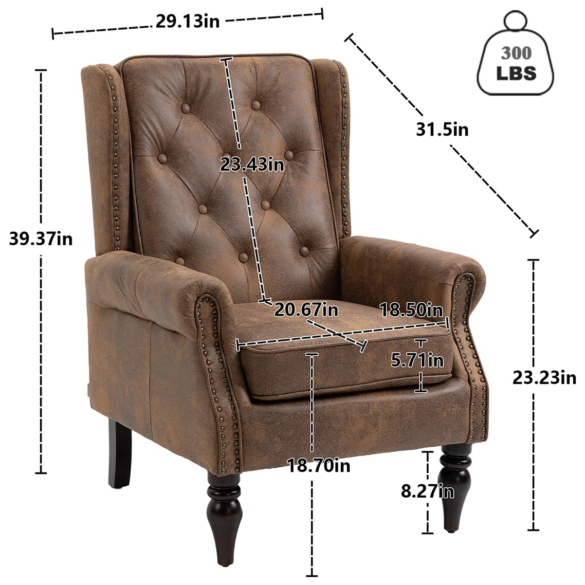 Mid-Century High Wingback Chair, Microfiber Accent Chair Armchair with Buttons,Modern Living Room Chairs with Rivet Decoration,Leisure Single Sofa Chair for Bedroom,Club,Home Reception (Coffee.) Lin-Utrend