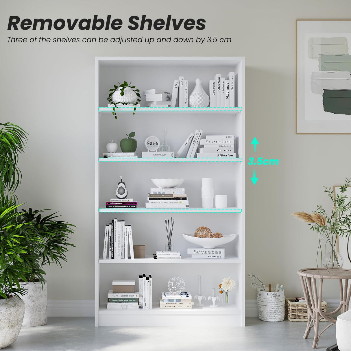 Farini 60 Inch Tall Bookcase,5 Shelf Bookshelves,Adjustable Bookshelf for Home Office,White Farini