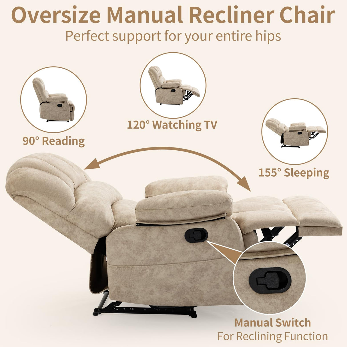 Manual Recliner Chair for Living Room, Single Sofa Recliners for Adults 350LBS, Heavy Duty Reclining Max 155 Degrees, Fabric Beige EZZUP