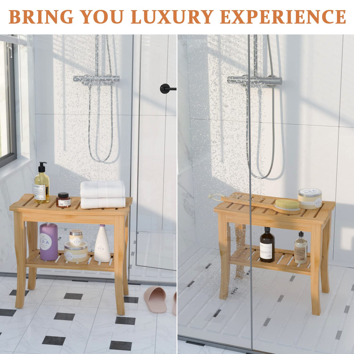 Domax Bamboo Shower Benches for Inside Shower - Bathroom Bench Seat Waterproof Wooden Shower Stool with Storage Shelf for Adults Elderly Seniors Wood Domax