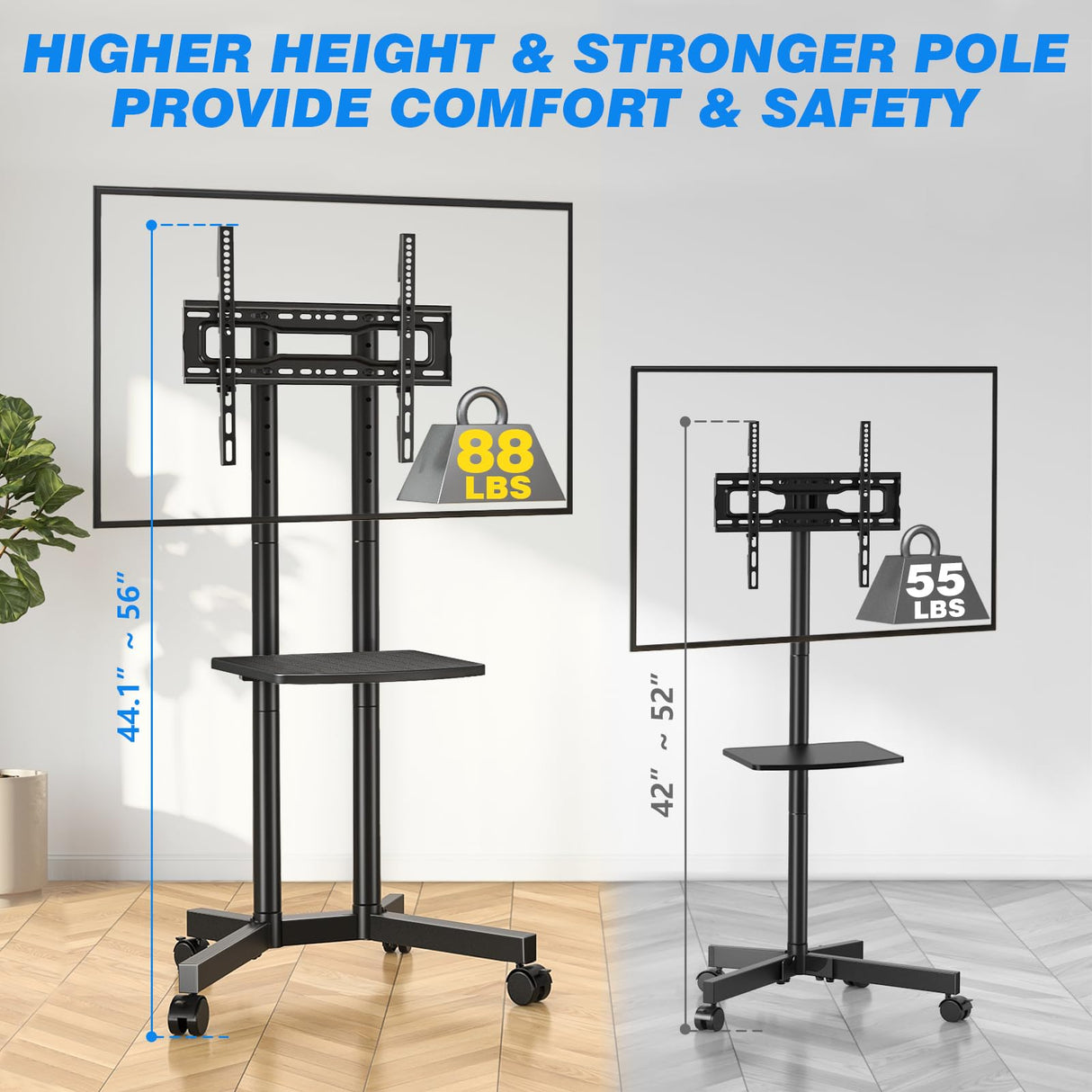 Rfiver Rolling TV Stand with Laptop Shelf, Mobile TV Stand with Upgraded Wheels for 32-70 Inch TVs, Height Adjustable Mobile TV Cart up to 88lbs, Portable TV Stand for Outdoor, Home, Office Rfiver