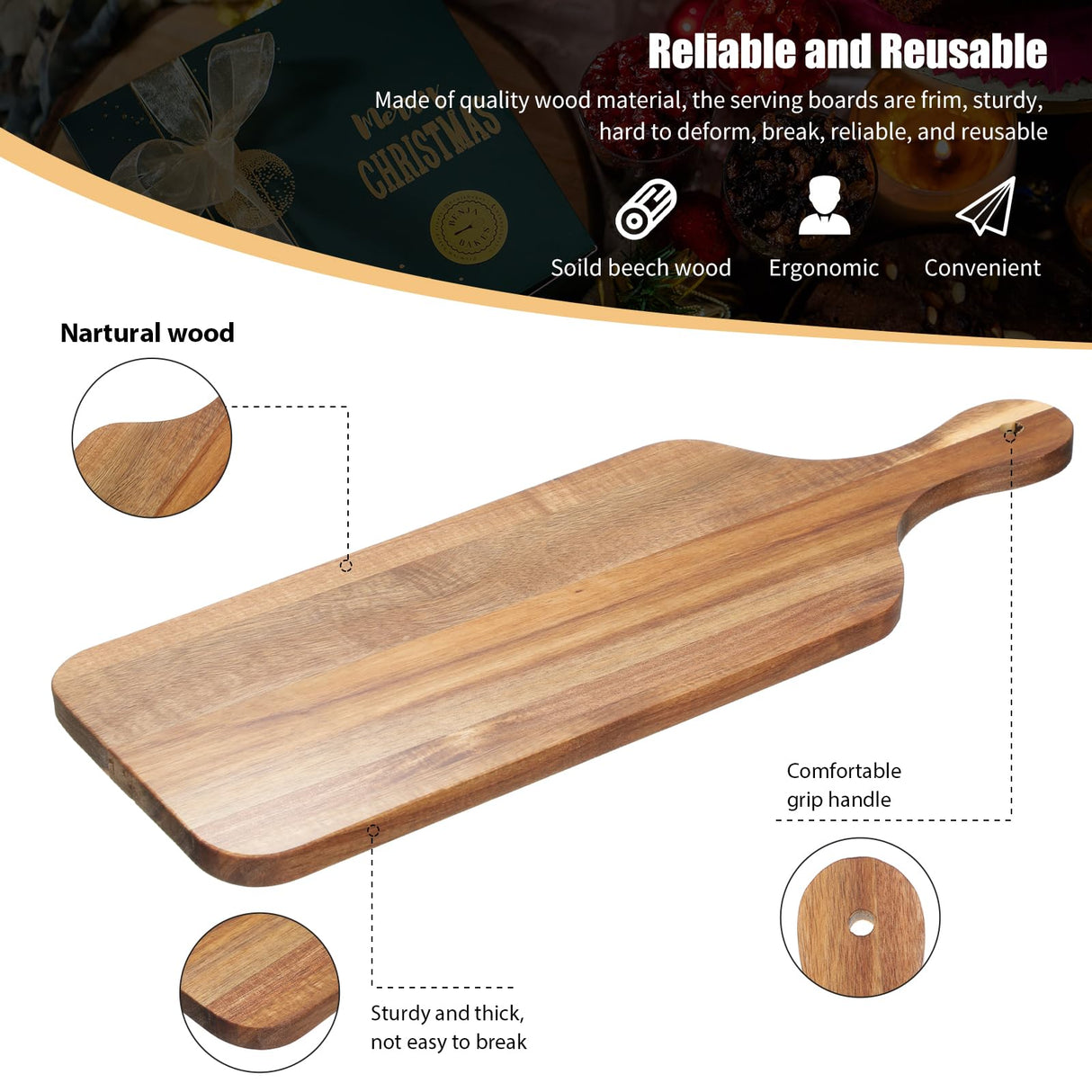 Rtteri 6 Pcs Acacia Wood Cutting Board Bulk Kitchen Thicken Chopping Board with Handles 17 x 6 Inch Wooden Charcuterie Serving Board Blank Wood Boards for Engraving Wedding Housewarming Gift Rtteri