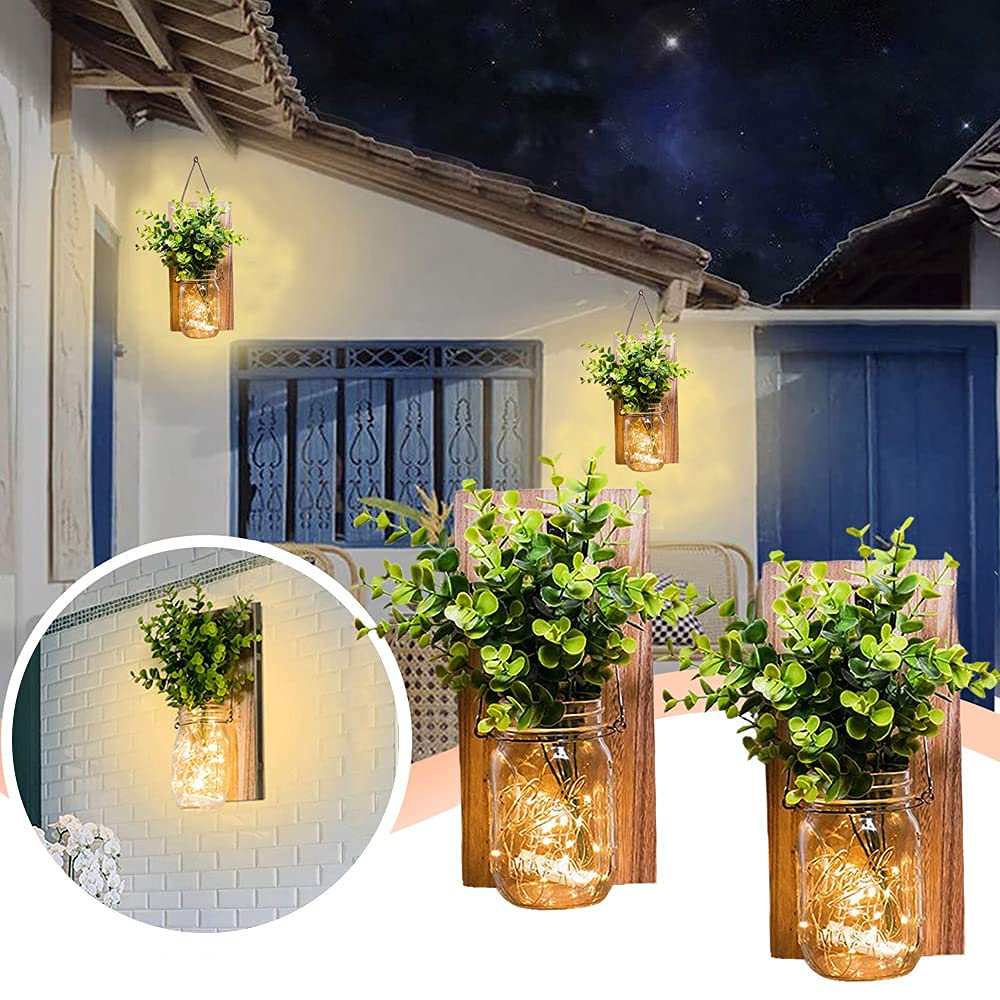 Rustic Wall Sconces, Mason Jar Sconces, Farmhouse Home Decor, LED Fairy Lights, Green Fake Plant, Interior Decoration Warm Toned Lighting. (2 Pack) ECTY