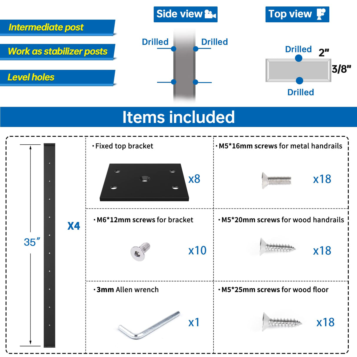 Muzata 4Pack Black Super Thin Intermediate Cable Railing Post 36 Inch 36"x3/8"x2" Level Drilled Surface Mount T304 Stainless Steel Cable Railing System Kit Indoor Outdoor PS32 BH4S Muzata