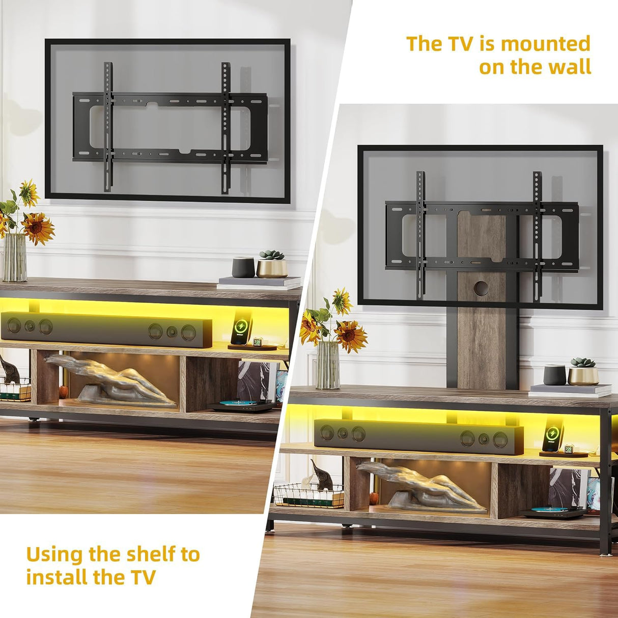 DWVO TV Stand with Mount, Black TV Stands for Living Room w/Power Outlet, LED Entertainment Center for 70/65/60 inch TV, Height Adjustable TV Console Cabinet, Grey DWVO