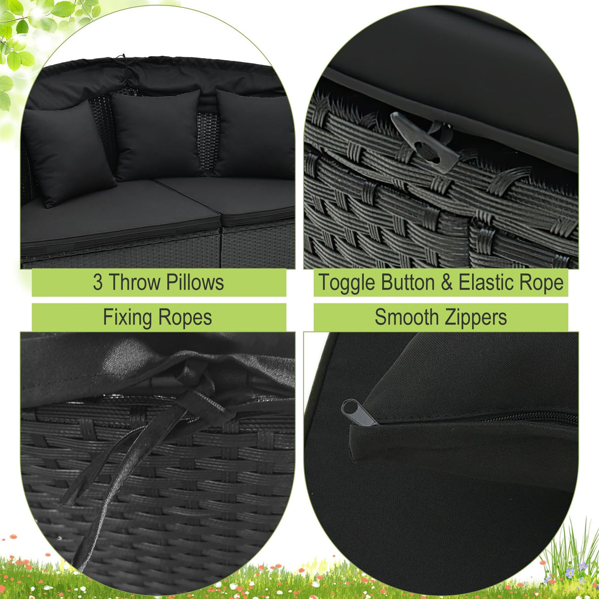 Tangkula Outdoor Patio Round Daybed with Retractable Canopy, Black Rattan Wicker Furniture Sectional Seating with Cushions and Throw Pillows, Seating Separates Cushioned Seats for Backyard (Black) Tangkula