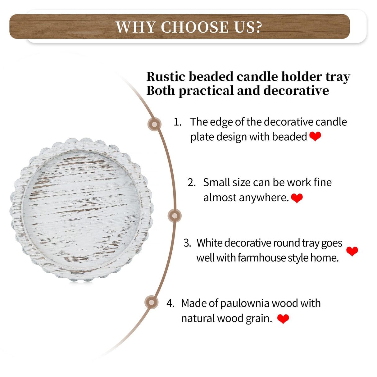 Hanobe Wood Plate Candle Holder: Small Candle Plate Set of 3 Decorative White Washed Beaded Candle Tray Round Candle Stick Holders Farmhouse Table Centerpiece for Fireplace Dining Room Home Decor Hanobe