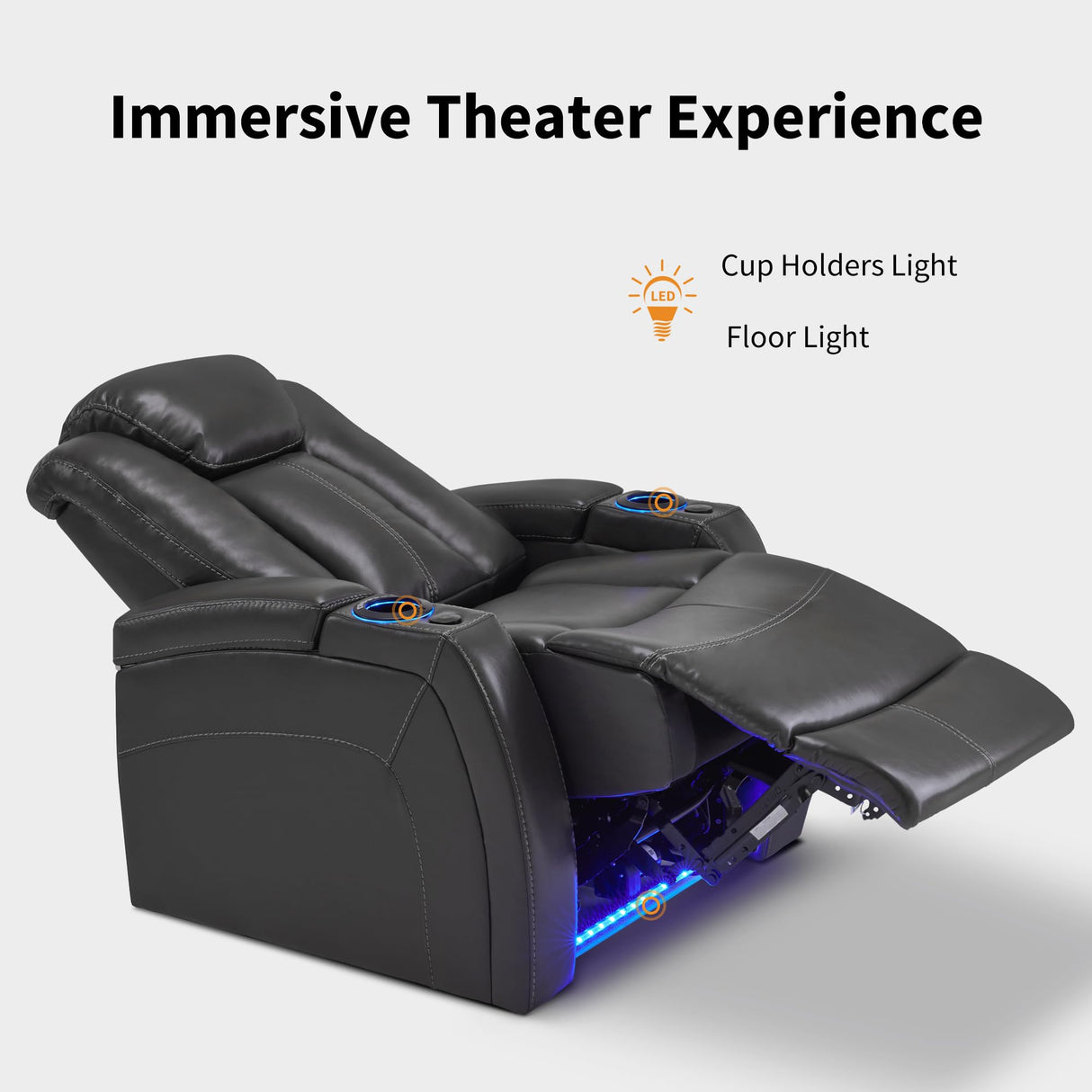 MCombo Power Recliner Chair with Adjustable Headrest for Living Room, Home Theater Seating with Swivel Tray Table, USB Port, LED Light, Armrest Storage HTS422 (Grey) MCombo