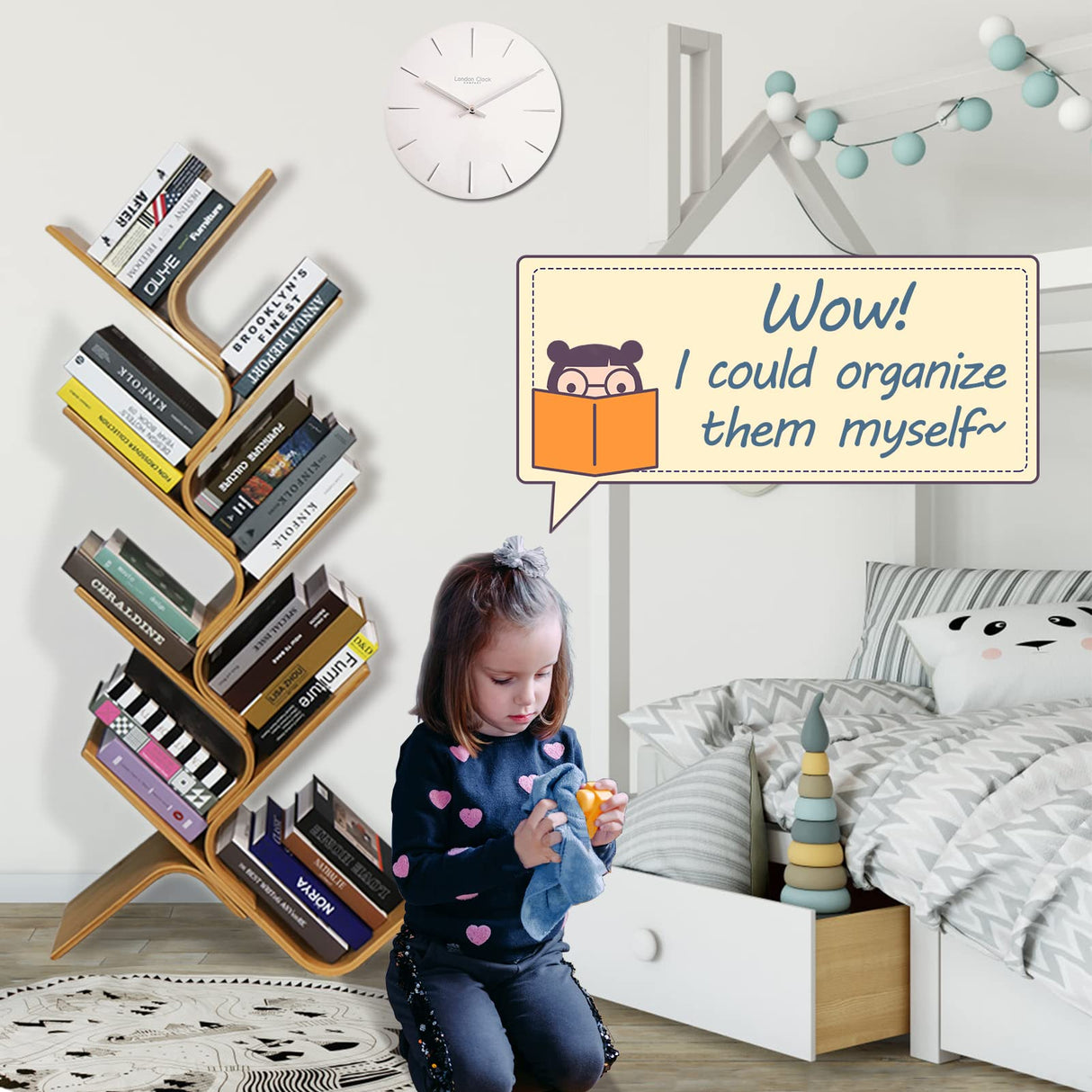 Bamboo Tree Bookshelf, 8-Tier Wood Bookcase, Free Standing Book Organizer Shelves, Books/Albums/Files Holder Display Storage Rack Space Saver for Living Room Bedroom-Log 55x23x5inch HM&DX